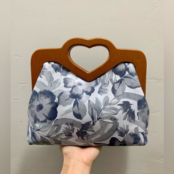 Handmade Genuine Leather Printed Floral Wooden Frame Bag with Small Purse Set - Picture 7 of 16